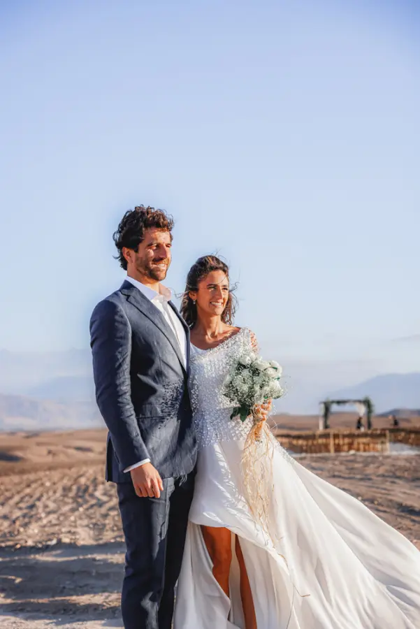 Bride and groom portrait in the Agafay Desert - destination wedding photographer Marrakech